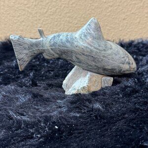 Hand-Carved Stone Fish Figurine On Rock Base Artist Signed